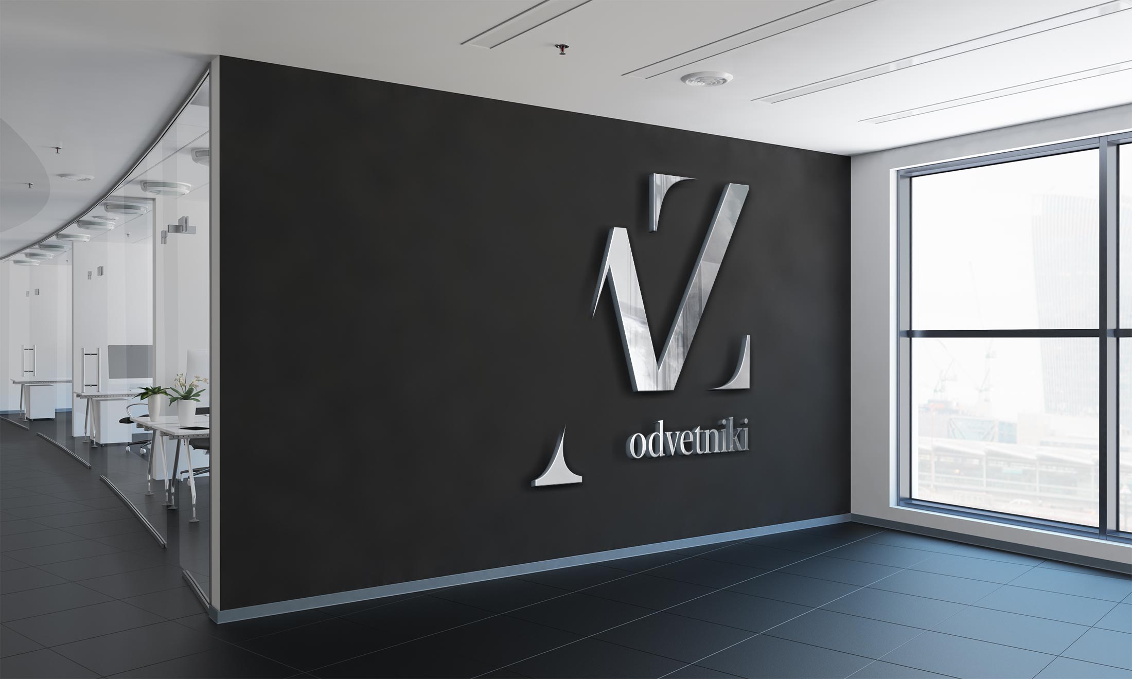 AZ Odvetniki metal signage on a dark office wall