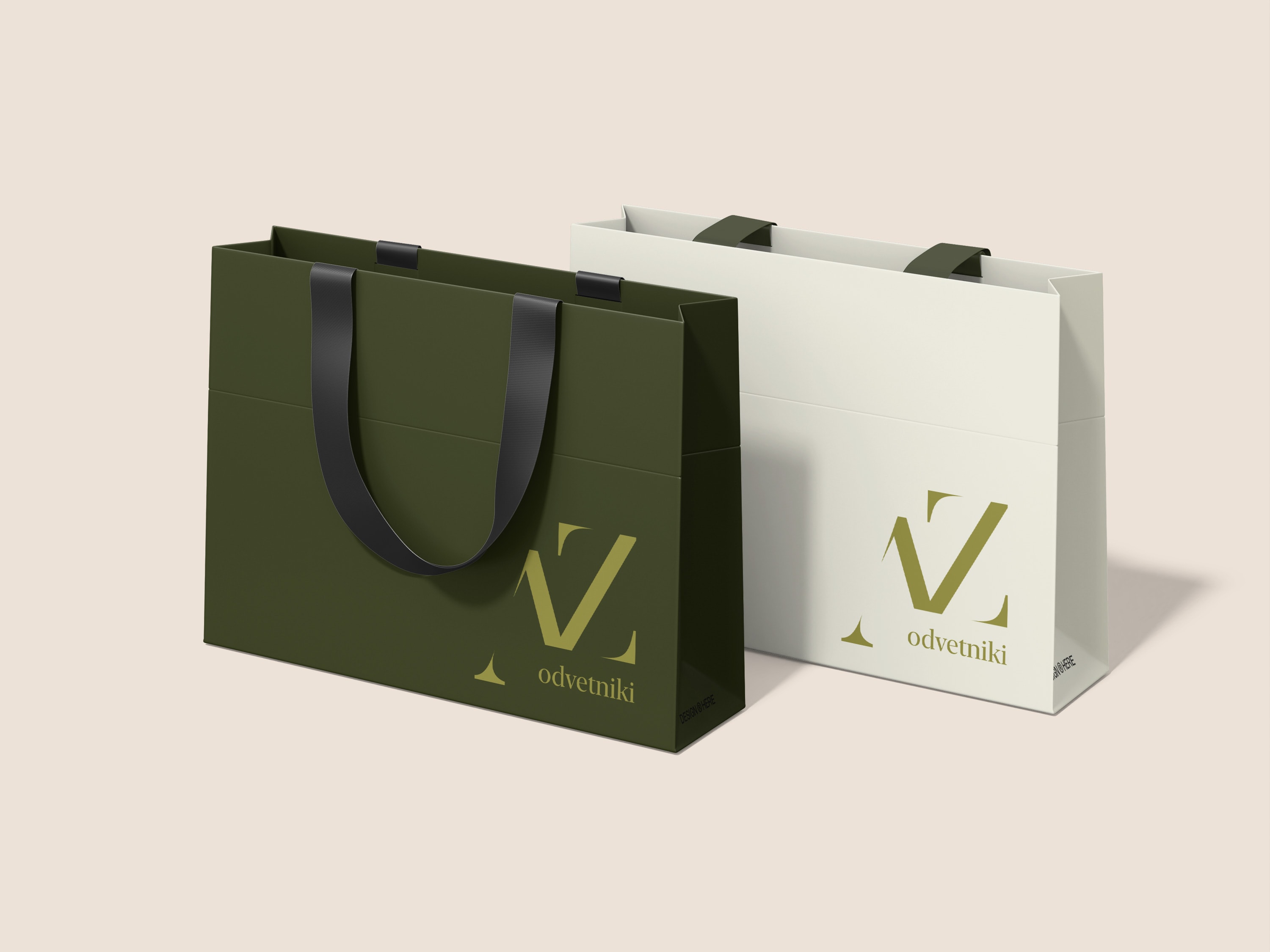 Olive and ivory AZ paper bags with the original monogram