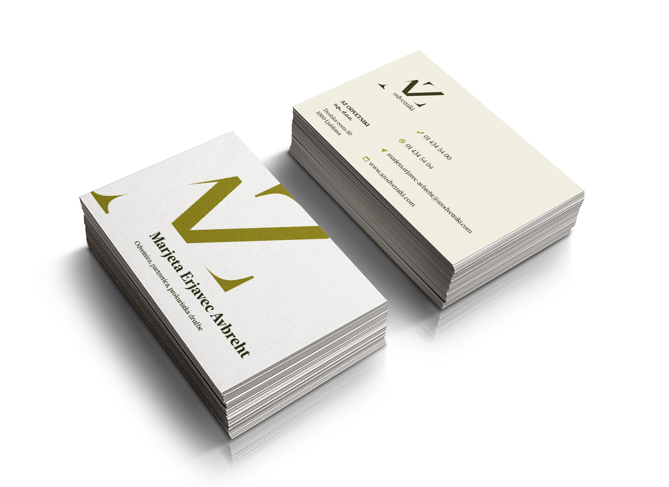 AZ business cards showing the olive monogram and serif typography