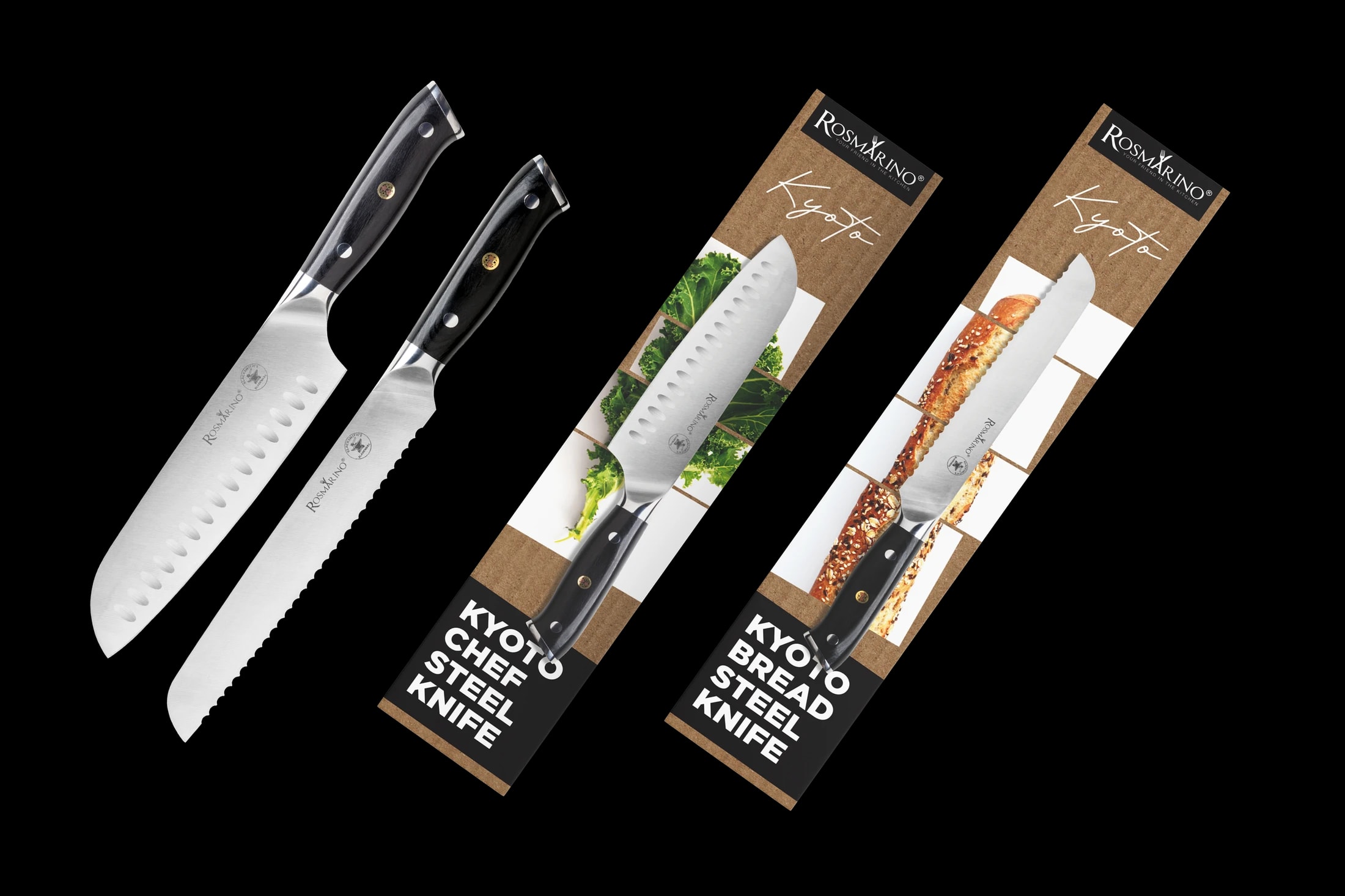Kyoto chef and bread knives alongside their wood-textured Rosmarino packaging