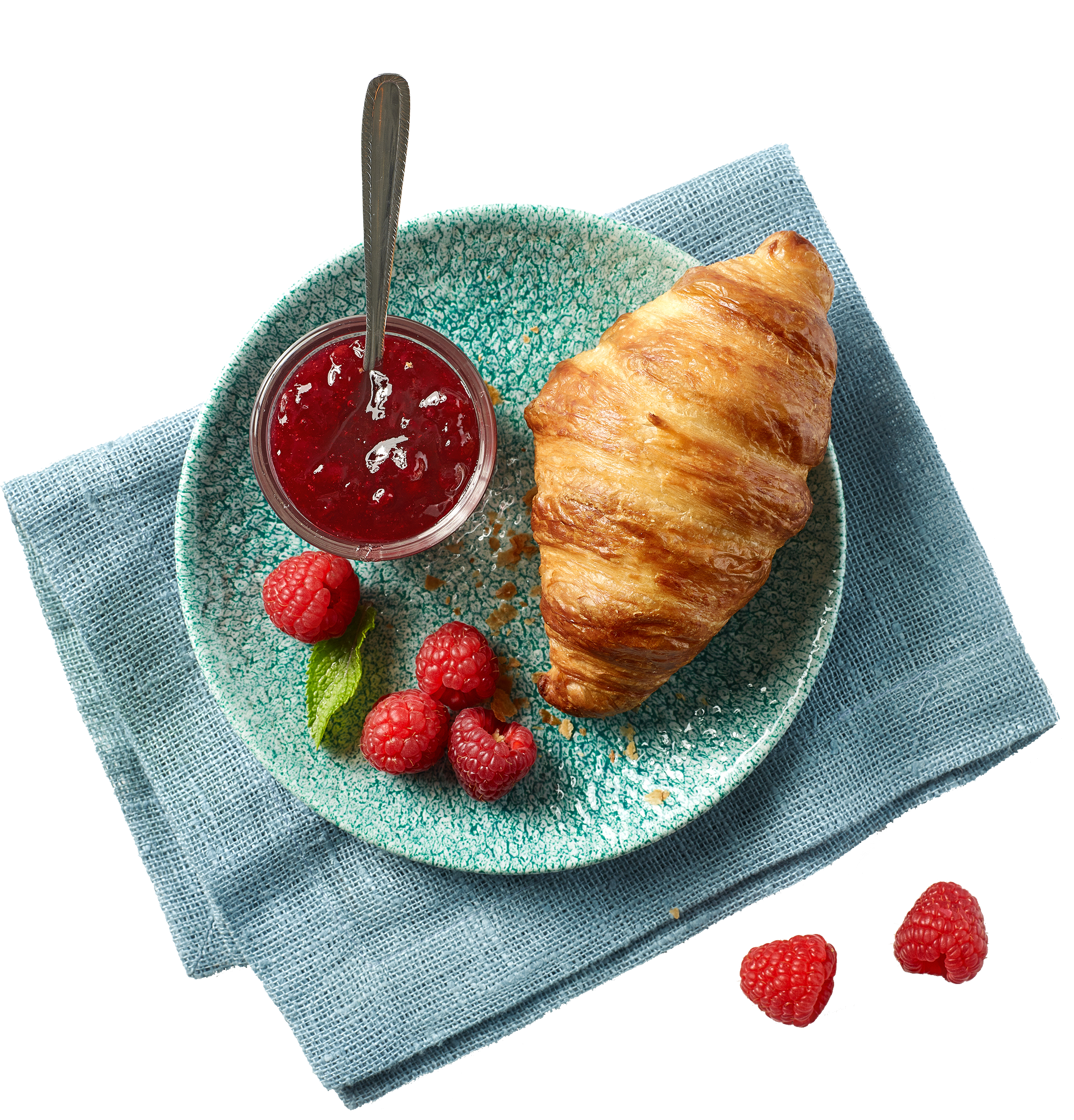 Pečjak croissant with raspberry jam, on a turquoise plate