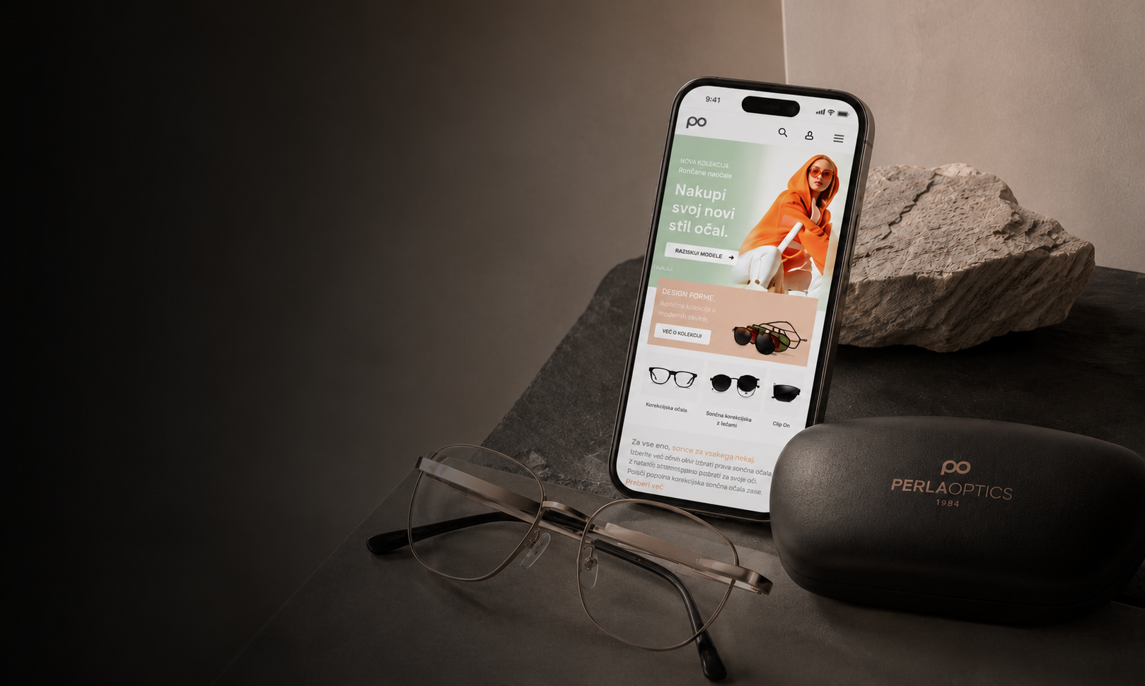 Perla Optika brand identity and e-commerce system hero visual