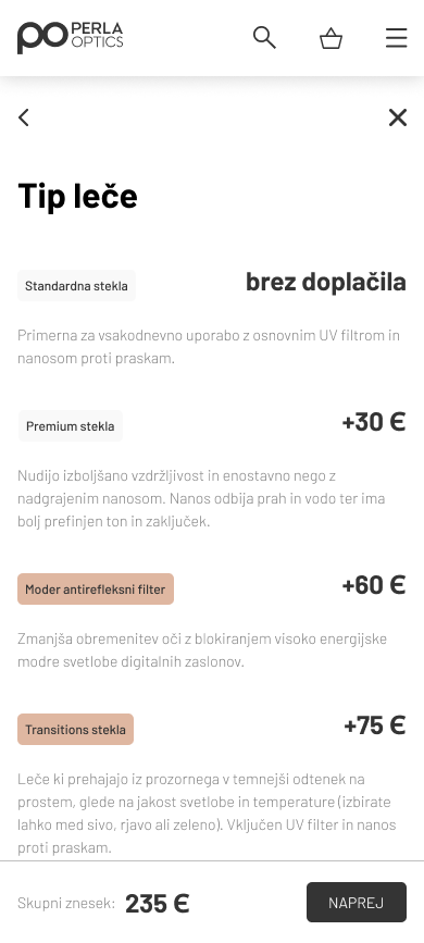 Perla mobile: Lens selection